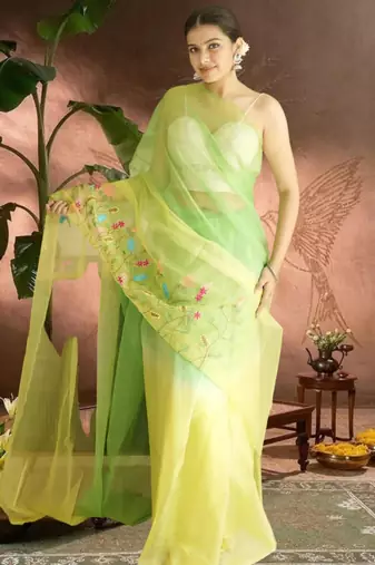 green-lime green ombre organza saree with hand embroidery