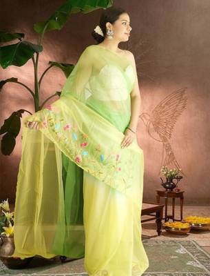 green-lime green ombre organza saree with hand embroidery 4