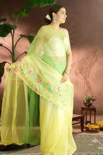 green-lime green ombre organza saree with hand embroidery