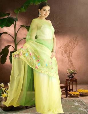 green-lime green ombre organza saree with hand embroidery 5
