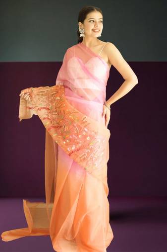 orange-pink ombre organza saree with hand embroidery