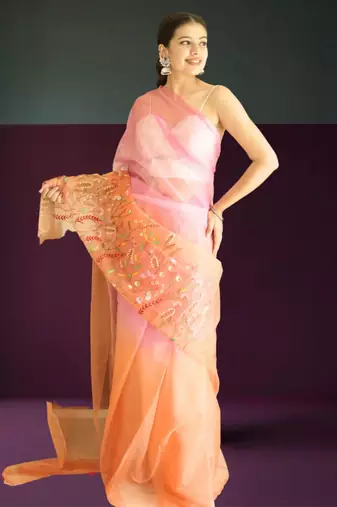 orange-pink ombre organza saree with hand embroidery