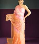orange-pink ombre organza saree with hand embroidery