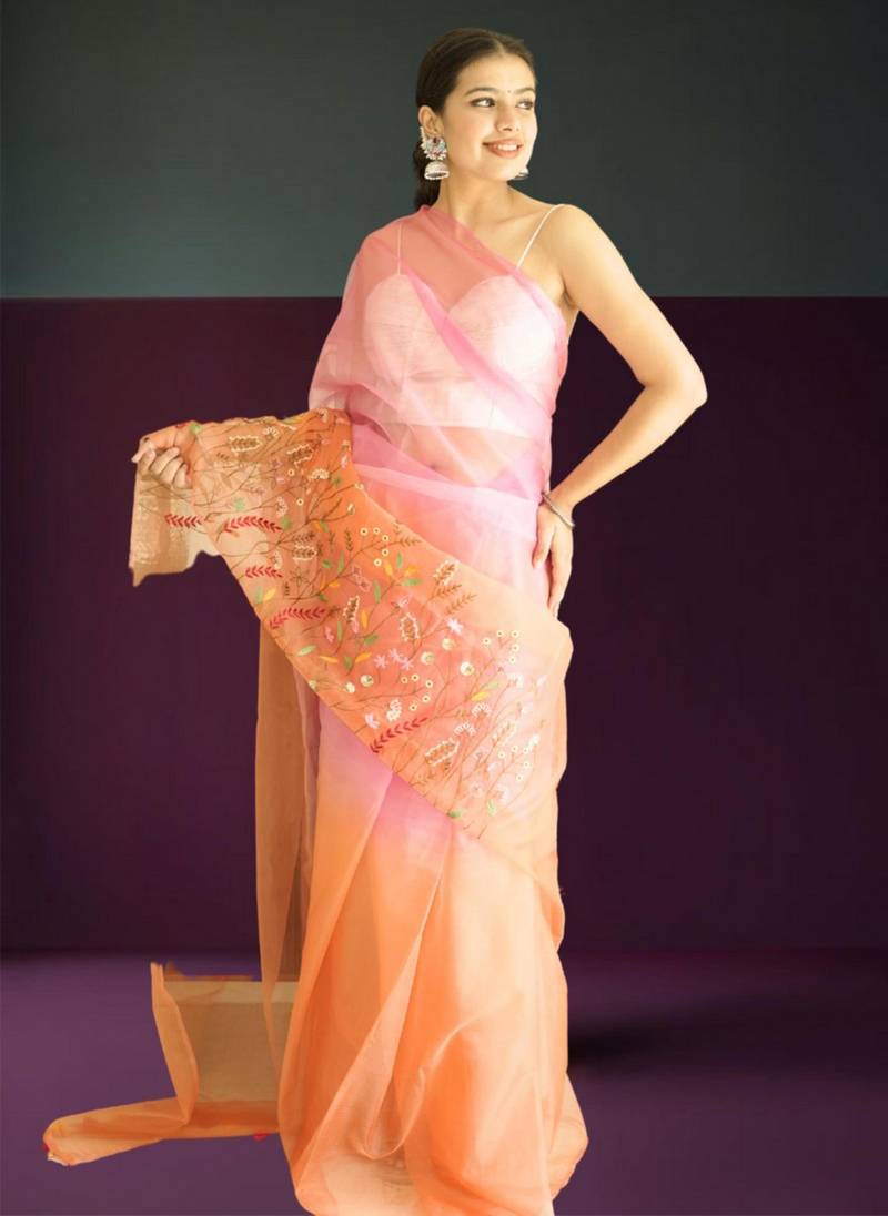 orange-pink ombre organza saree with hand embroidery