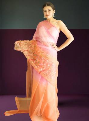 orange-pink ombre organza saree with hand embroidery 2