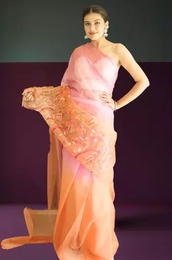 orange-pink ombre organza saree with hand embroidery