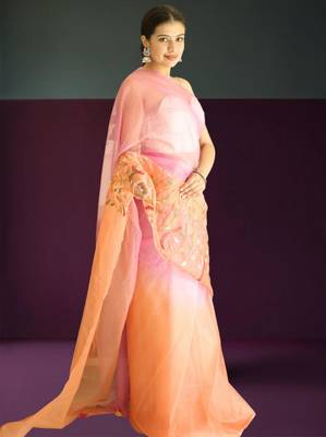 orange-pink ombre organza saree with hand embroidery 3