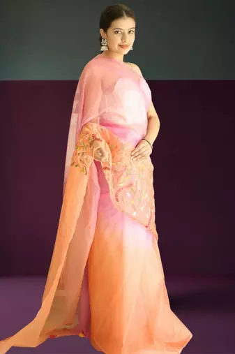 orange-pink ombre organza saree with hand embroidery