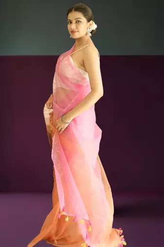 orange-pink ombre organza saree with hand embroidery