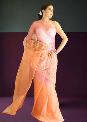 orange-pink ombre organza saree with hand embroidery 5