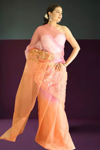 orange-pink ombre organza saree with hand embroidery