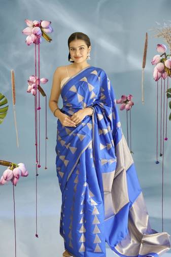 blue silk blend saree with zari work