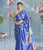 blue silk blend saree with zari work