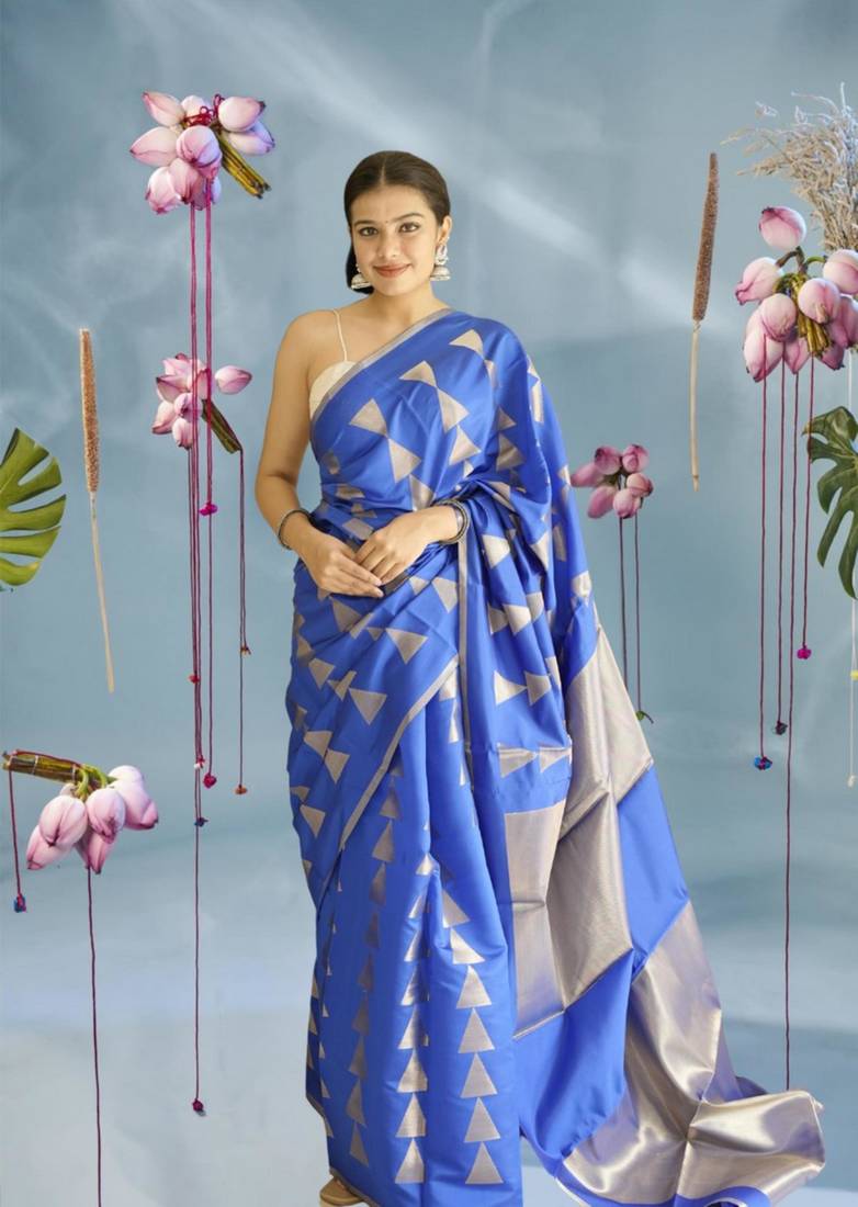 blue silk blend saree with zari work