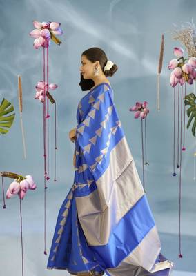 blue silk blend saree with zari work 2
