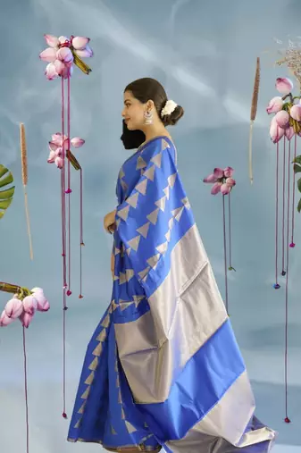 blue silk blend saree with zari work