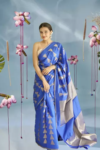 blue silk blend saree with zari work