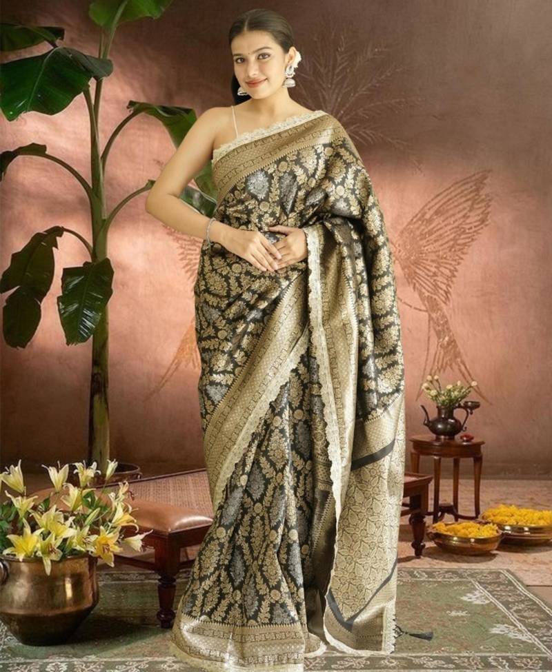 black-gold banarasi silk blend saree