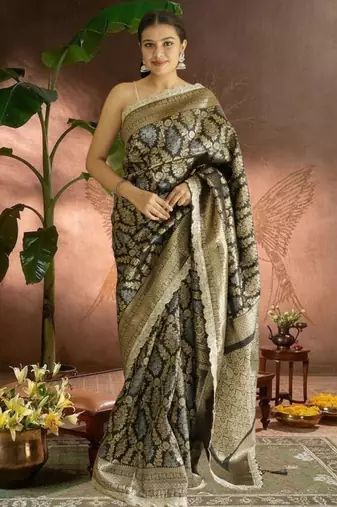 black-gold banarasi silk blend saree