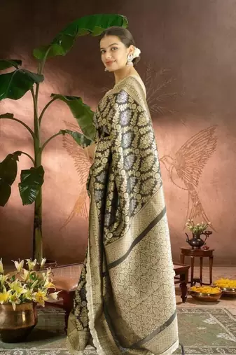 black-gold banarasi silk blend saree