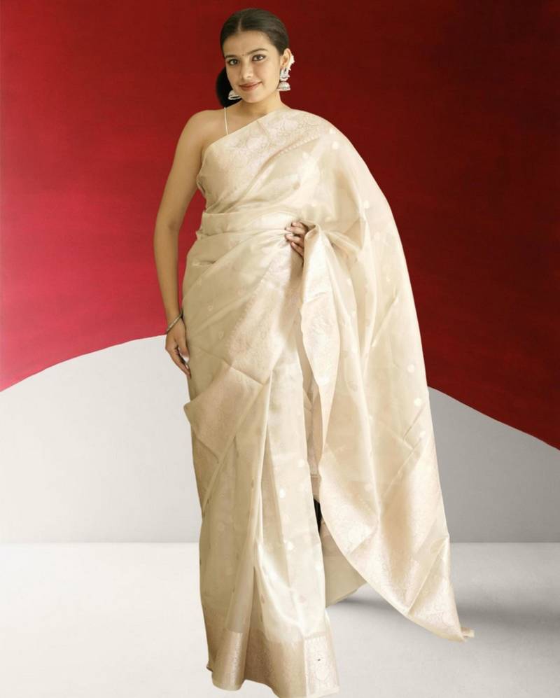 ivory banarasi silk blend saree