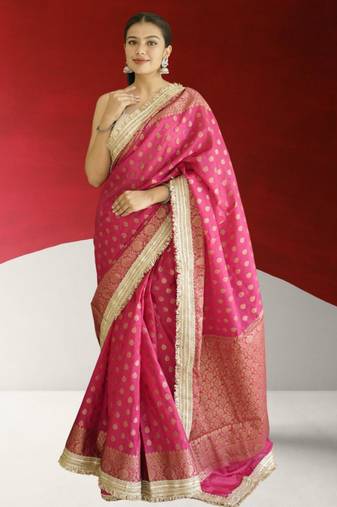 red-gold banarasi silk blend saree with lace border