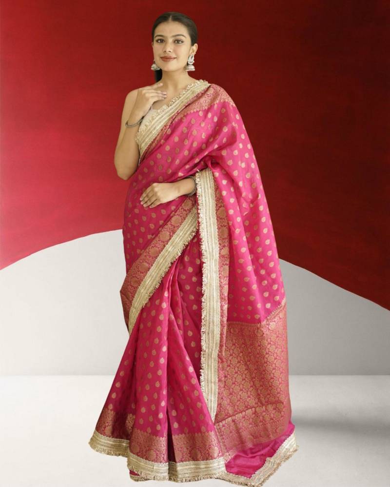 red-gold banarasi silk blend saree with lace border
