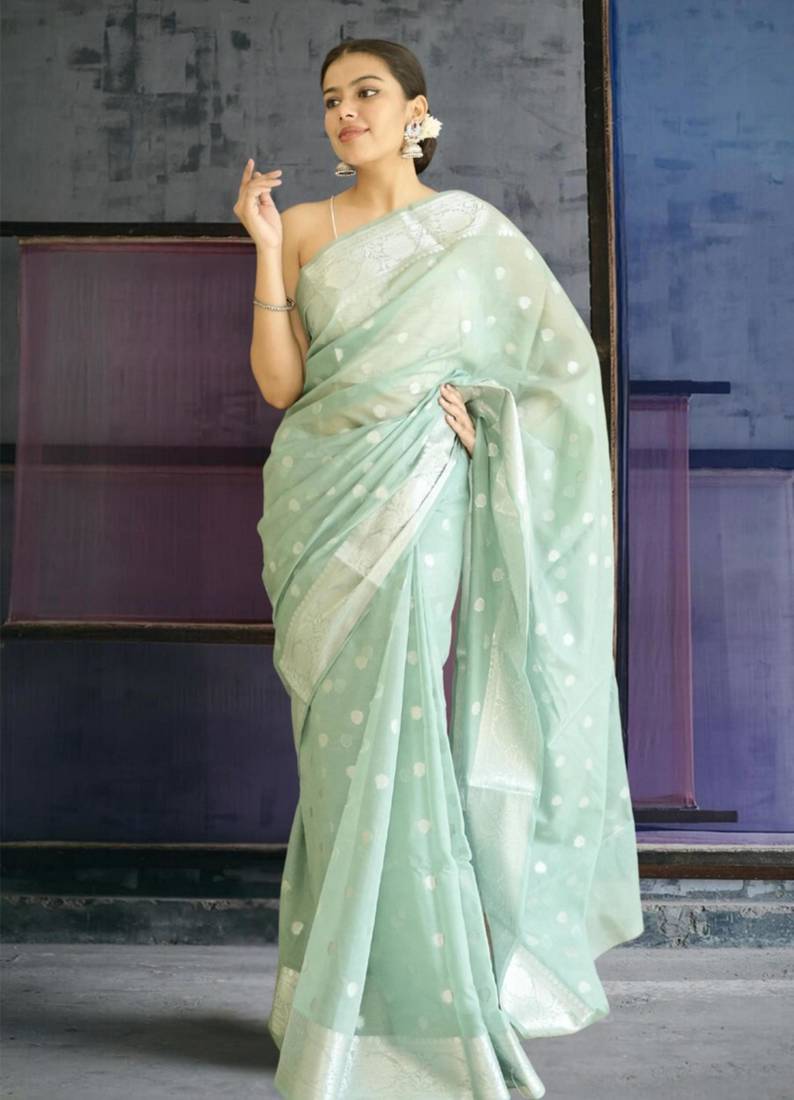 turqoise banarasi silk blend saree