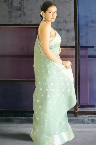 turqoise banarasi silk blend saree