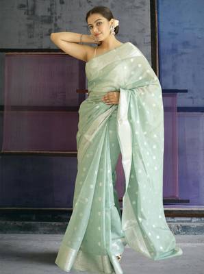 turqoise banarasi silk blend saree 4