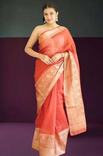 red-gold tissue silk blend saree