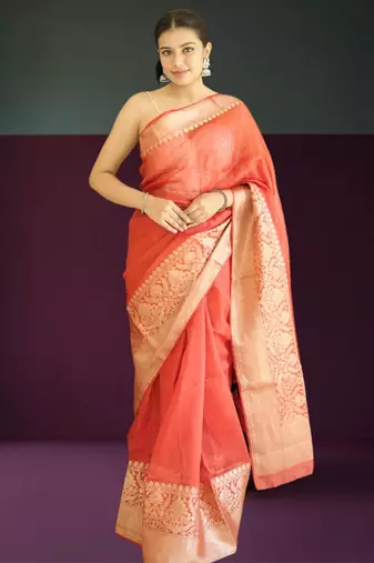 red-gold tissue silk blend saree