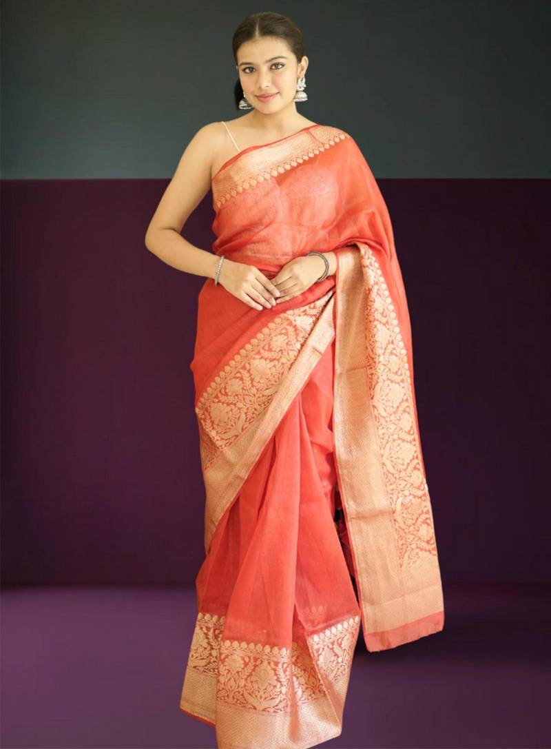 red-gold tissue silk blend saree