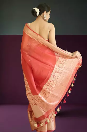 red-gold tissue silk blend saree