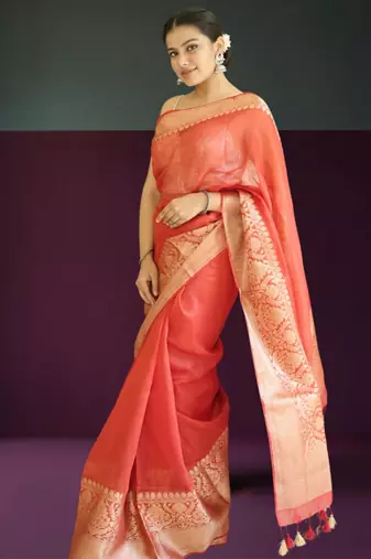 red-gold tissue silk blend saree