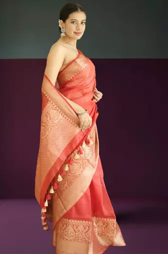red-gold tissue silk blend saree