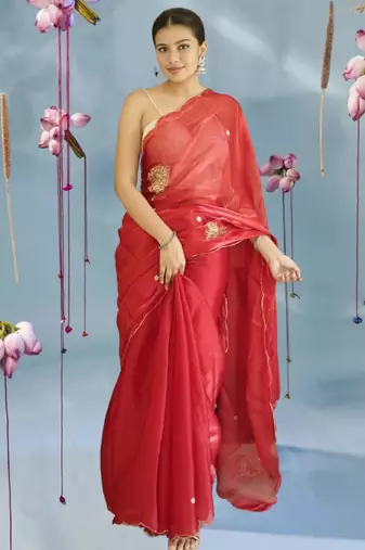 red organza saree with hand zardoshi work