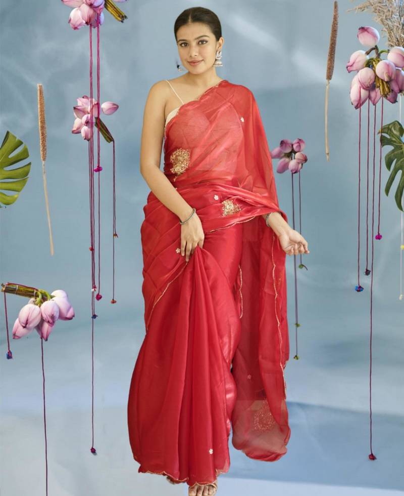 red organza saree with hand zardoshi work