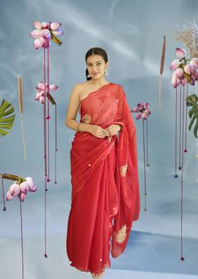 red organza saree with hand zardoshi work 2