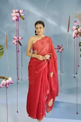 red organza saree with hand zardoshi work