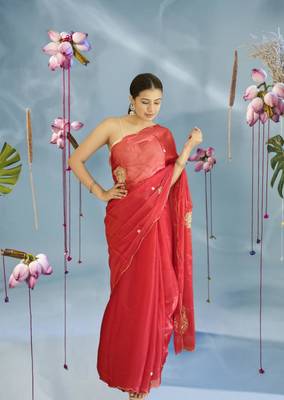 red organza saree with hand zardoshi work 3