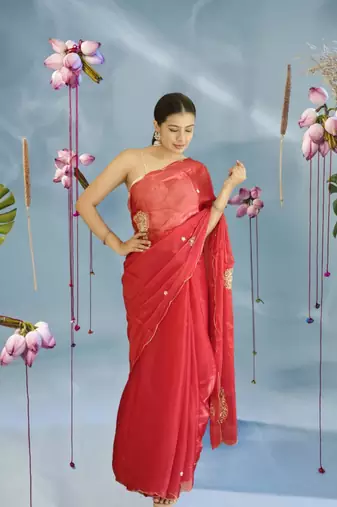 red organza saree with hand zardoshi work