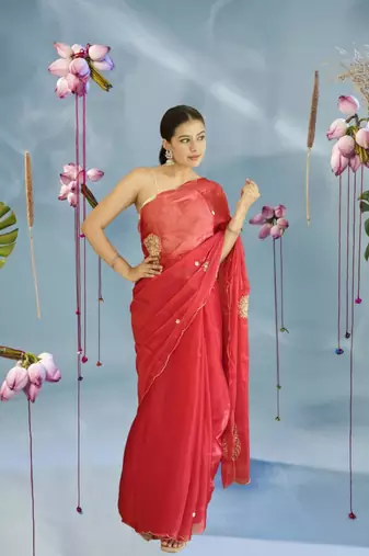 red organza saree with hand zardoshi work