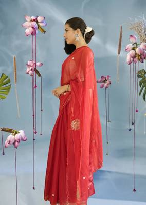 red organza saree with hand zardoshi work 5
