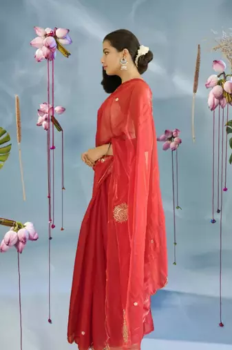 red organza saree with hand zardoshi work