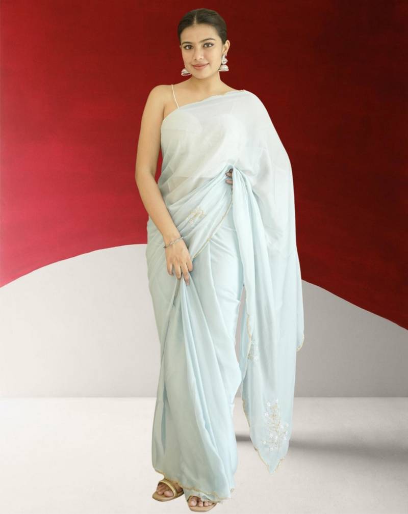 blue georgette saree with hand zardoshi work & navy blue velvet blouse piece