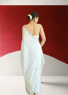 blue georgette saree with hand zardoshi work & navy blue velvet blouse piece 3