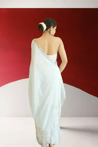 blue georgette saree with hand zardoshi work & navy blue velvet blouse piece