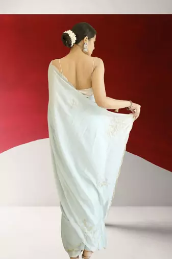 blue georgette saree with hand zardoshi work & navy blue velvet blouse piece