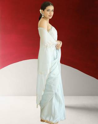 blue georgette saree with hand zardoshi work & navy blue velvet blouse piece 5